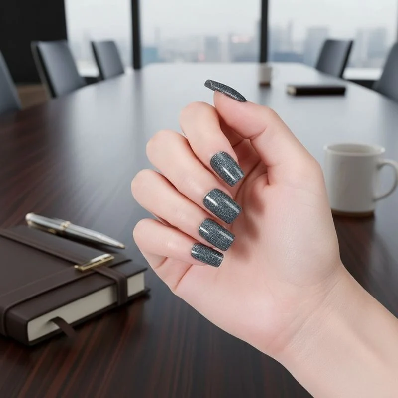 Dark Grey Glitter-Gel Nail Stickers — No UV Lamp Needed - Image 5