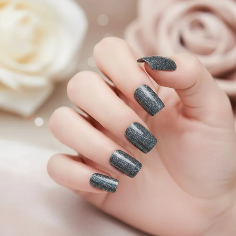 Dark Grey Glitter-Gel Nail Stickers — No UV Lamp Needed - Image 6