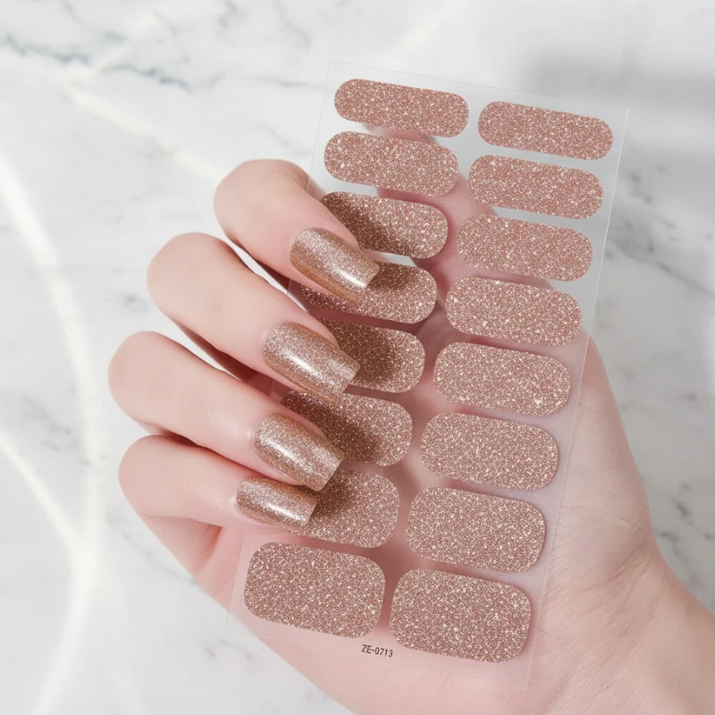 Rose Gold Glitter-Gel Nail Stickers — No UV Lamp Needed
